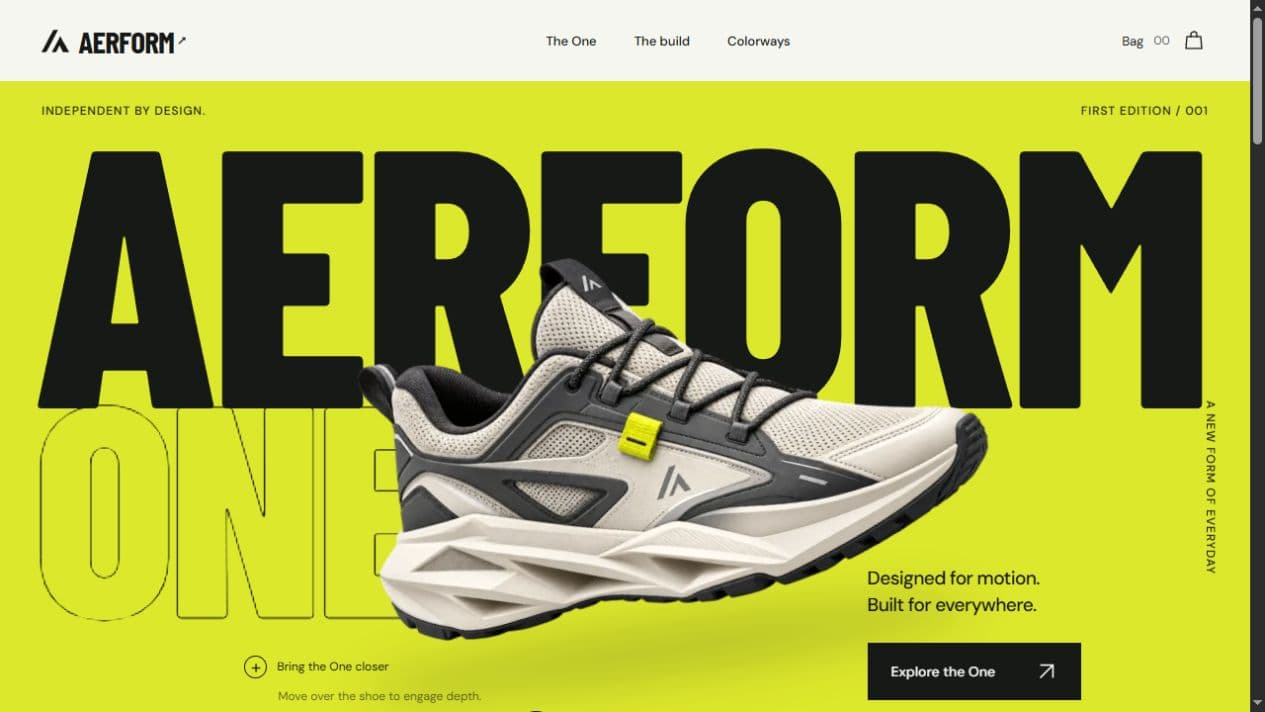 AERFORM website: a sculptural sneaker against acid-yellow typography and a bold black wordmark.