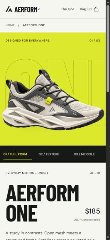 AERFORM’s mobile product page with the Bone / Graphite sneaker, gallery view controls, and stacked product information.