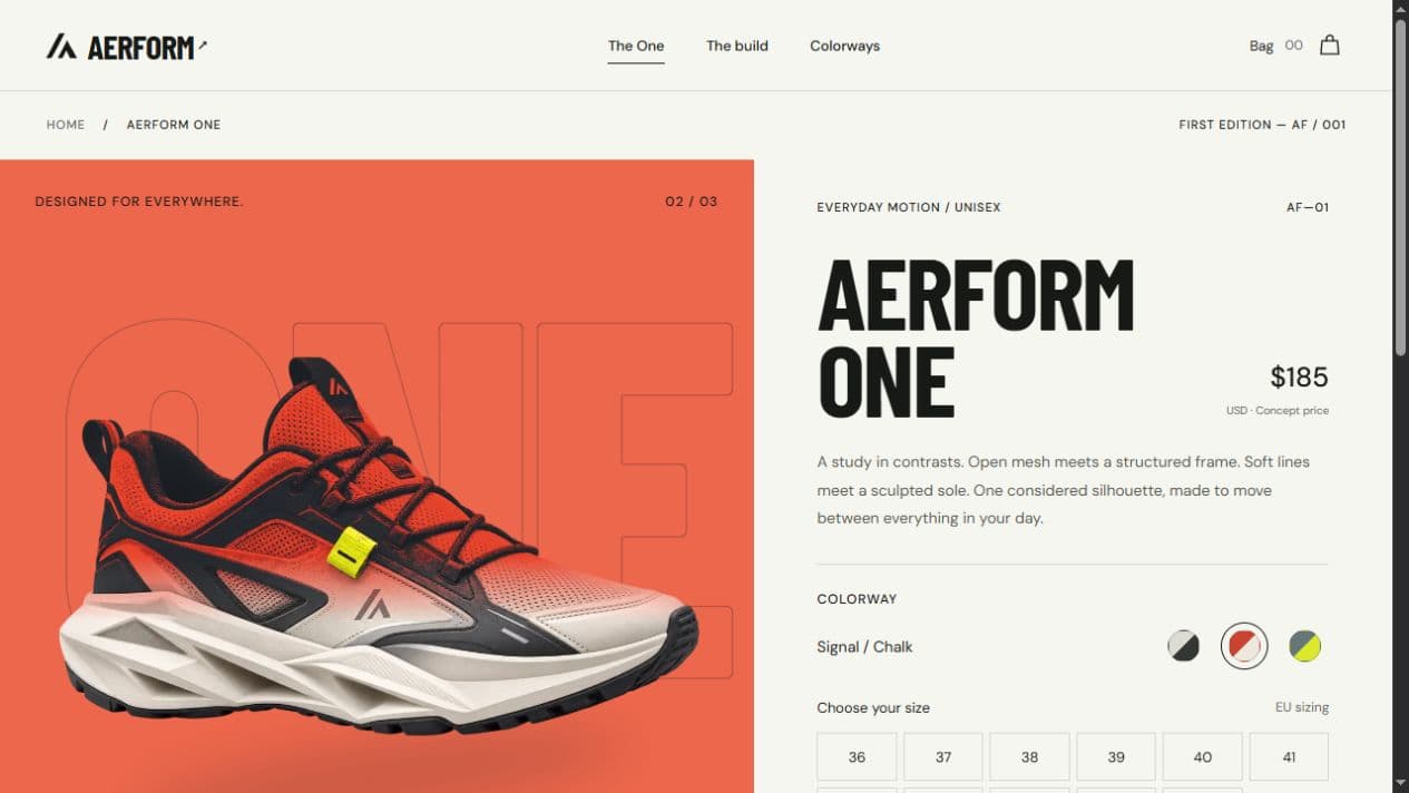 AERFORM ONE product page showing the Signal / Chalk sneaker gallery alongside product information, colorway choices, and EU size selection.