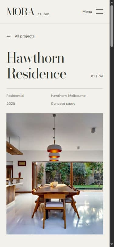 Mobile view of MORA’s Hawthorn Residence project with a compact menu, stacked heading, project details, and interior photograph.