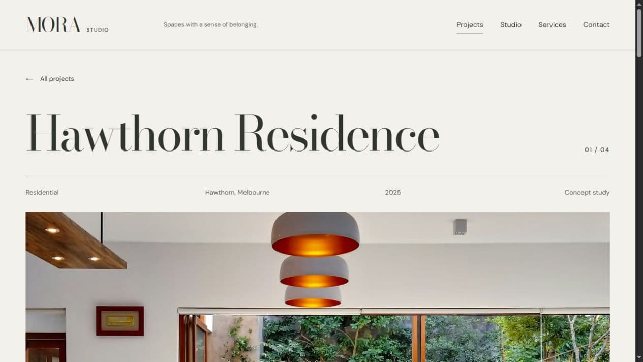 The Hawthorn Residence project page showing the project title, residential category, Melbourne location, and architectural hero image.